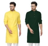Fort Worth Cotton Traditional Men’s Kurta Shirt- Pack of 2, Ethnic Indian Wear (Yellow:Green, 42-XL)