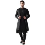 KISAH Men Peanut Layered Kurta Churidar With Nehru Jacket, Full Sleaves, Knee Length, Straight, Regular Fit, Mandarin Collar Ethnic wear