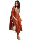 GoSriKi Women’s Rayon Blend Straight Embroidered Kurta with Pant & Dupatta