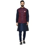 KISAH Men Red Layered Kurta Churidar With Nehru Jacket, Full Sleaves, Knee Length, Straight, Regular Fit, Mandarin Collar Ethnic wear