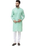 SOJANYA (Since 1958, Men’s Cotton Blend Printed Kurta and White Churidar Pyjama Set