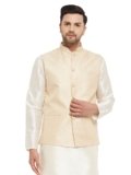 VASTRAMAY VM Mens Silk Blend Nehru Jacket – Timeless Style & Versatility | Banarasi Brocade Woven Jaquard Modi Jacket | Ethnic Sleeveless Coat for Formal & Casual Wear