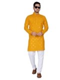 XEPON Men’s Traditional Cotton Straight Casual Kurta with Mirror Work Lucknowi Chikan Embroidery Knee Length Mandarin Collar for Festive Party Ethnic Wear
