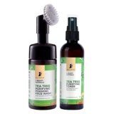 Pilgrim Tea Tree Clear Skin Combo | Tea Tree & 1% Salicylic acid Foaming Face wash with brush 120ml, Tea Tree & 2% Niacinamide toner 100ml | For Deep Cleanse & Tighten Pores | for Women & Men