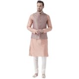 KISAH Men Peach Mauve Jacquard Banarasi Kurta with Churidar Nehru Jacket, Full Sleaves, Knee Length, Straight, Regular Fit, Mandarin Collar Ethnic wear