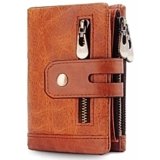 Spiffy Men’s Genuine Leather Wallet | RFID Blocking Wallet for Men| 14 Card Slots, 1 ID Window | 3 Zipper Compartments, Button Closure (Brown)
