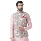 KISAH Men Off White Green Printed Nehru Jacket Ethnic Festive Waistcoat Cotton, Regular Fit