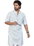 Authentics Classic Linen Blend Vertical Striped Modi Kurta, Half Sleeves, Regular Fit | Casual Ethnic Wear | Perfect for Any Occasion | Premium Fabric | Elegant Style | Self Design