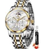 OLEVS Chronograph Watches for Men Original Analog Quartz Black Stainless Steel Chain Luxury Dual Time Zone Moon Phase Date Waterproof Men’s Wrist Watch