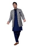 XEPON Mens Jacquard Sherwani Style Full Sleeve Blue Kurta Pajama with Long Jacket Ethnic Wear Set