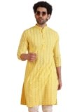KISAH Men Straight Kurta Full Sleaves, Knee Length, Straight, Regular Fit, Mandarin Collar Ethnic Wear-Yellow