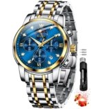 OLEVS Chronograph Watches for Men Original Analog Quartz Black Stainless Steel Chain Luxury Dual Time Zone Moon Phase Date Waterproof Men’s Wrist Watch