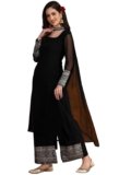 Ethnic Junction Women’s Georgette Sequine Lace Work Kurta Palazzo and Dupatta Set