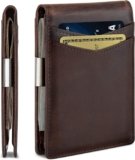 Contacts Genuine Leather Money Clip Wallet Slim Front Pocket RFID Blocking Card Holder Minimalist Mini Bifold for Men’s | Up to 11 Card Slots Including 1 ID Window & 1 Bill Compartment (Brown)