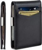 Contacts Genuine Leather Money Clip Wallet Slim Front Pocket RFID Blocking Card Holder Minimalist Mini Bifold for Men’s | Up to 11 Card Slots Including 1 ID Window & 1 Bill Compartment (Black)