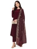 FIORRA Women’s Maroon Poly Crepe A-Line Kurta Set With Dupatta