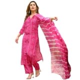 ANNI DESIGNER Women’s Rayon Blend Straight Bandhej Printed Kurta with Pant & Dupatta