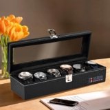 Kuber Industries Premium Faux Leather See Through 6 Slots Wrist Watch Organiser Box for Men & Women | Valentine Gift Watch Storage Box Organizer | Watch Collection Box/Case/Holder | Black