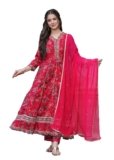 MANHAREE | Women’s Rayon Anarkali Kurta with Pant & Dupatta Set,Rani