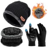 CRENTILA Woolen Winter Cap Beanie Hat with Neck Muffler, Hand Gloves Set for Men Women Ultra Soft Thick Fleece Lined Winters Warmer Combo Kit for Neck, Ears and Hand for Travelling and Snowboarding