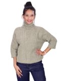 ICW Women Knit-Rib 3/4 Sleeve Self Design Turtle Neck Woolen Winter Pull Over Top T-Shirt Sweater Dn16 (S-M-L)